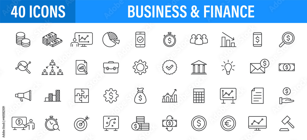 Set of 24 Business and Finance web icons in line style. Money, dollar, infographic, banking. Vector illustration Set of 24 Business and Finance web icons in line style. Money, dollar, infographic, banking. Vector illustration