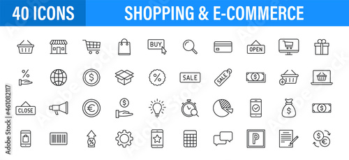 Set of 24 E-commerce and shopping web icons in line style. Mobile Shop, Digital marketing, Bank Card, Gifts. Vector illustration