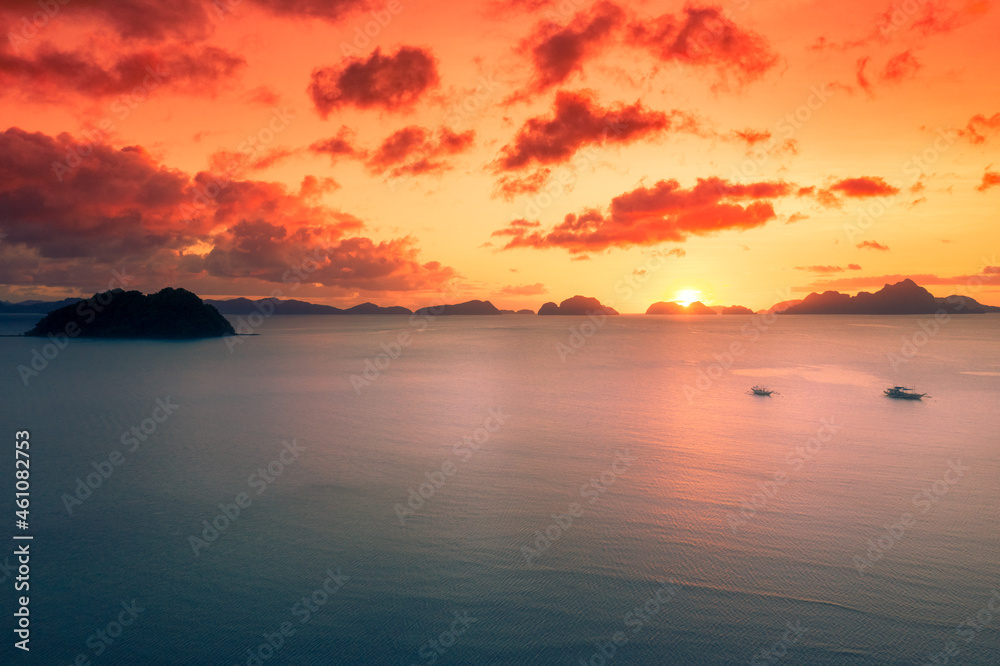 Beautiful sea sunset with boat on El Nido, Palawan, Philippines.