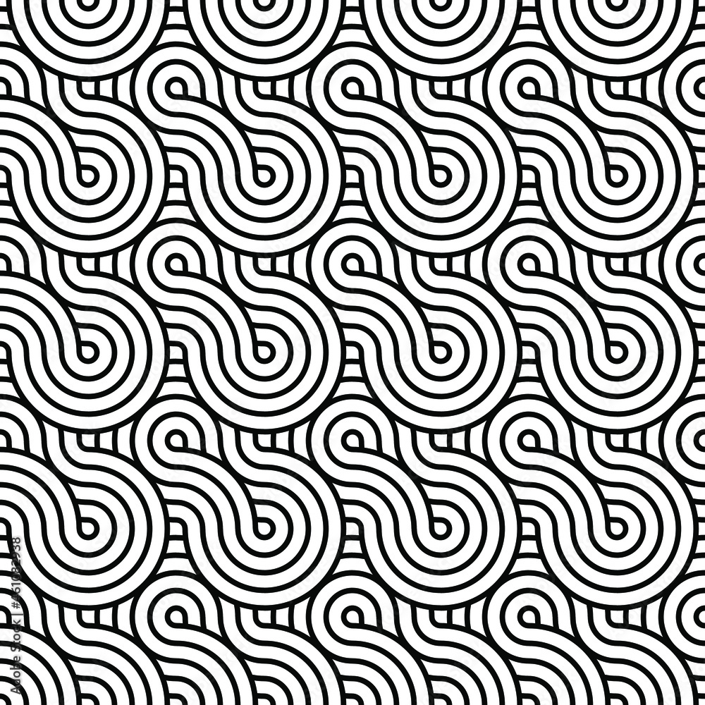Abstract trendy waves with contour intertwined in black and white. Seamless modern pattern for stylish fabrics, decorative pillows, wrapping paper. Vector.