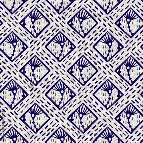 Indigo blue flower block print dyed linen texture background. Seamless woven japanese repeat batik pattern swatch. Floral organic distressed blur block print all over textile.
