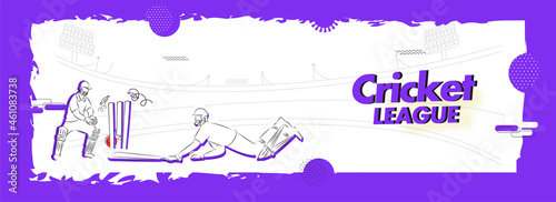 Doodle Style Concept Of Run Out Batsman With Wicket Keeper On White And Purple Stadium Background For Cricket League.