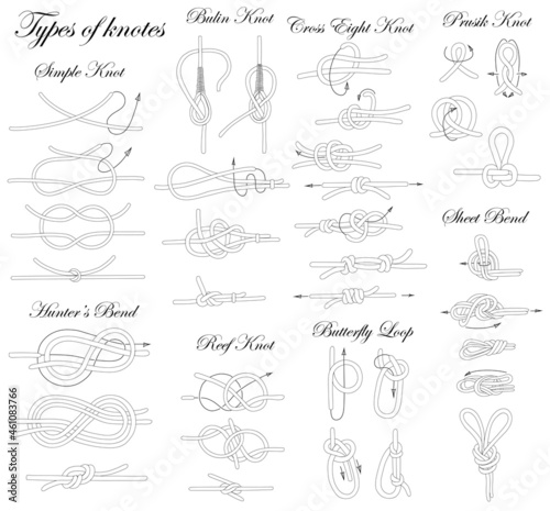 Types of knots. Illustration of the sequence of tying knots of varying complexity. photo