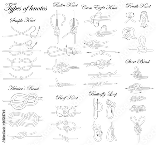 Types of knots. Illustration of the sequence of tying knots of varying complexity.
