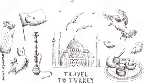 Hand drawn abstract outline vector set of Turkey tourism symbols isolated. Turkish landmark, flag, mosque, hookah, coffee, kebab, turk, cat monument. eps vintage sketch on transparent  background