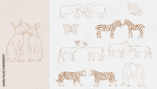 Set of love animal couples drawing in vector featuring rabbit, elephant, horse, penguin, reindeer, tiger, and zebra drawing.