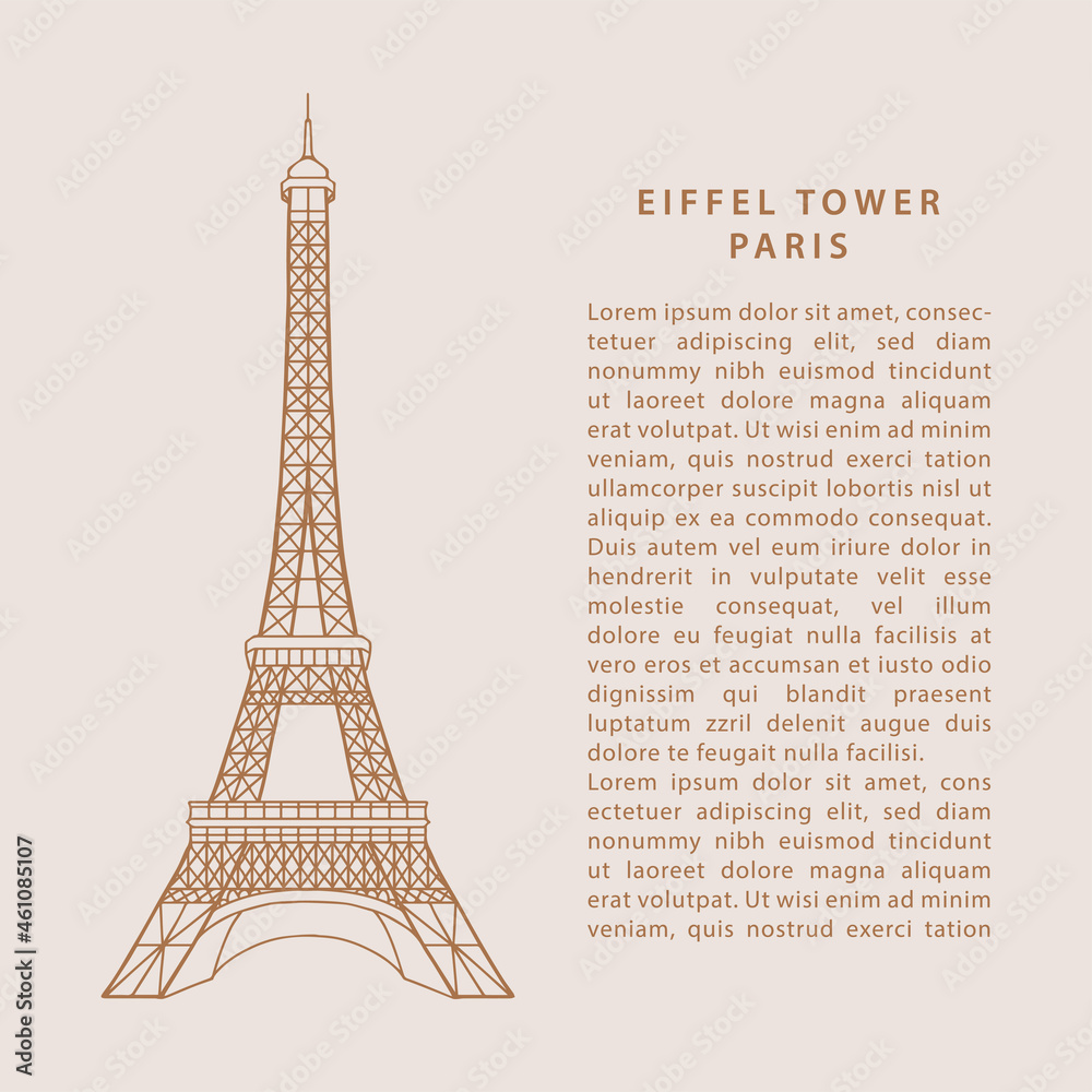 Paris Eiffel Tower Card with simple hand drawn lines in vector.