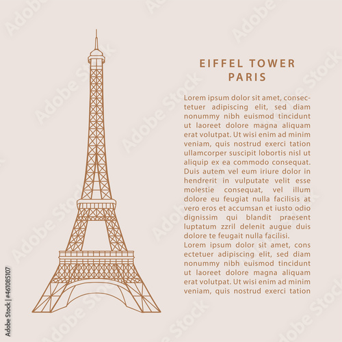 Paris Eiffel Tower Card with simple hand drawn lines in vector.