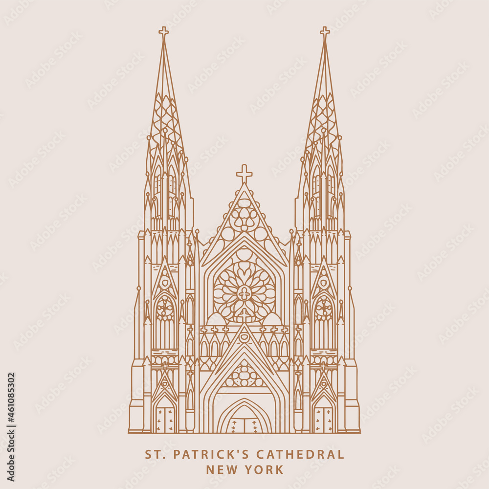 New York St. Patrick Cathedral Illustration. Simple exterior of St. Patrick Cathedral hand drawn design in Vector.