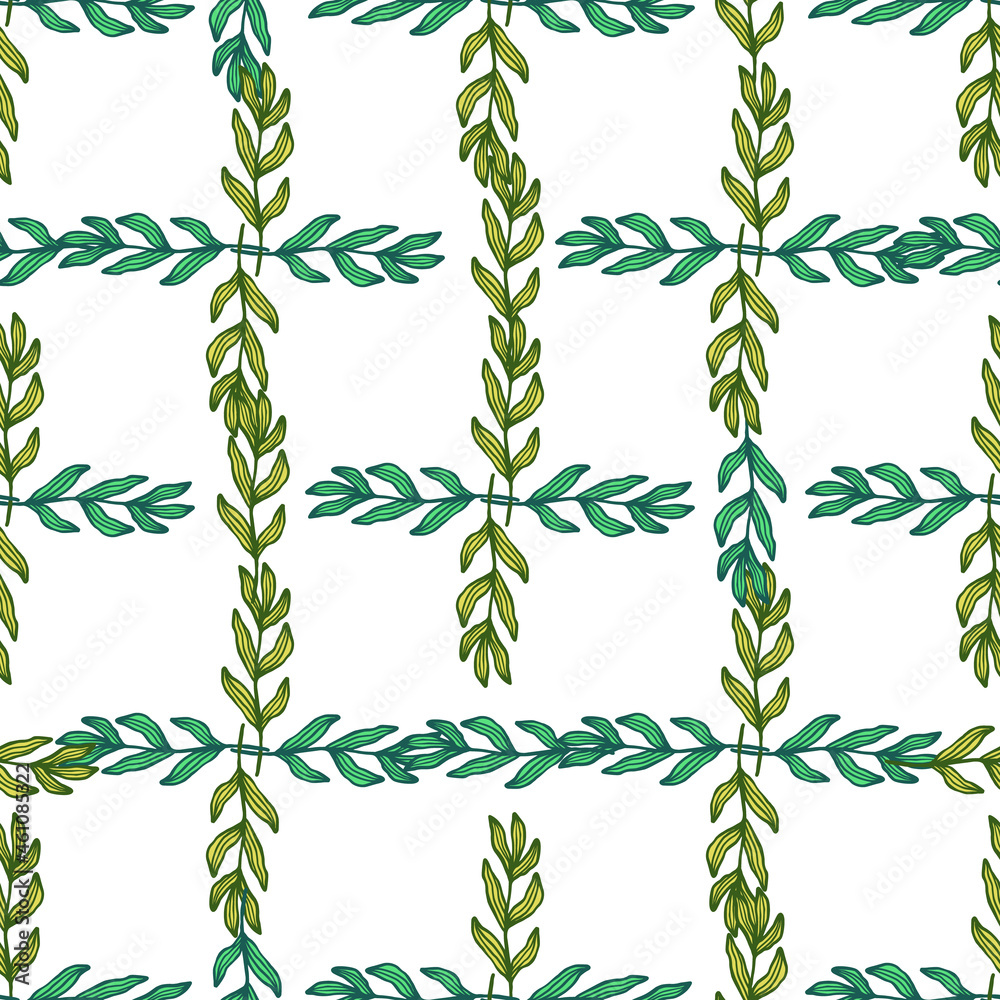 Geometric forest branch with leaves seamless pattern isolated on white background.