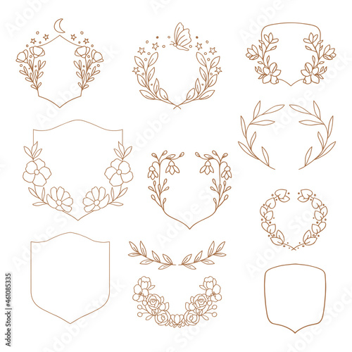 Collection of crest and wreath hand drawn illustration in Vector. photo