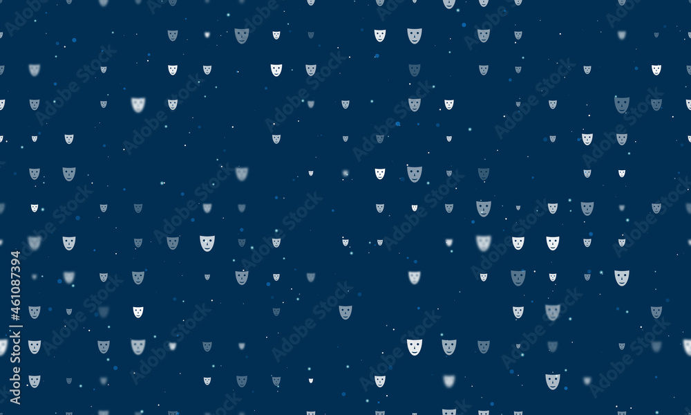 Seamless background pattern of evenly spaced white theatrical masks of different sizes and opacity. Vector illustration on dark blue background with stars Seamless background pattern of evenly spaced white theatrical masks of different sizes and opacity. Vector illustration on dark blue background with stars