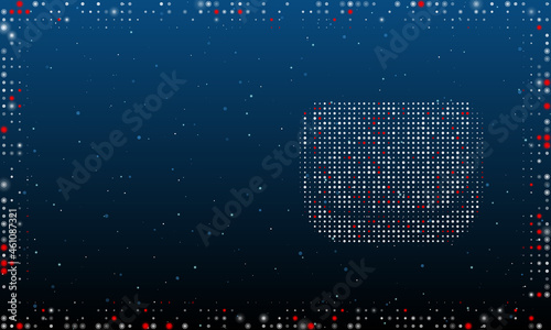 On the right is the ladies handbag symbol filled with white dots. Pointillism style. Abstract futuristic frame of dots and circles. Some dots is red. Vector illustration on blue background with stars
