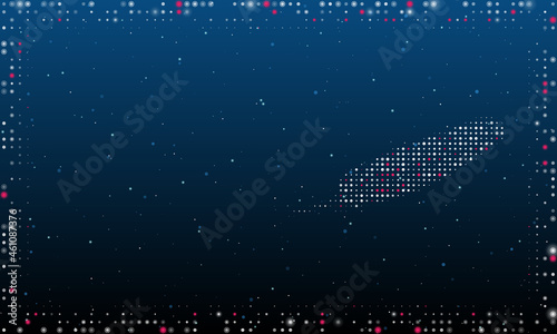 On the right is the feather symbol filled with white dots. Pointillism style. Abstract futuristic frame of dots and circles. Some dots is pink. Vector illustration on blue background with stars