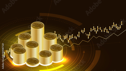 Bitcoin cryptocurrency digital money with a pile of coins network technology background
