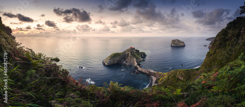 High view from the fmous Gaztelugatxe rock next to Bermeo and Bakio at Bizkaia, the Basque Country.