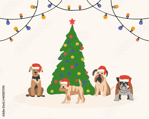Merry Christmas greeting card. Various pet dogs in a Santa Claus hat on the background of the Christmas tree. Vector illustration for flyer, postcard and banner for website