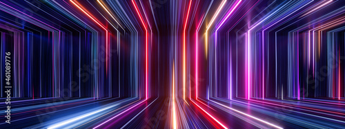 3d render, abstract panoramic background with glowing neon lines. Empty virtual room photo