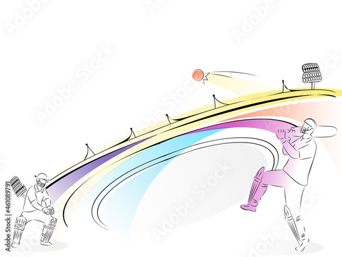 Doodle Style Illustration Of Batsman And Wicket Keeper Player On Stadium Background.