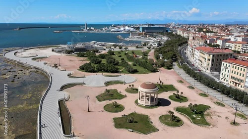 Amazing aerial view of Livorno and Mascagni Terrace, famous town of Tuscany. Slow motion photo