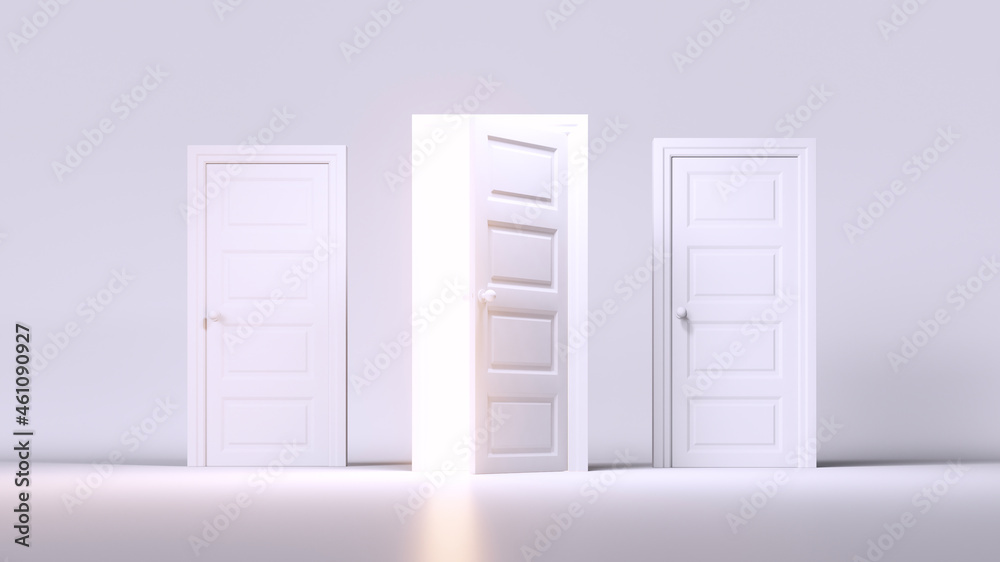 3d render, abstract background with two closed door and one open door in a white room. Modern minimal concept. Choice metaphor 3d render, abstract background with two closed door and one open door in a white room. Modern minimal concept. Choice metaphor