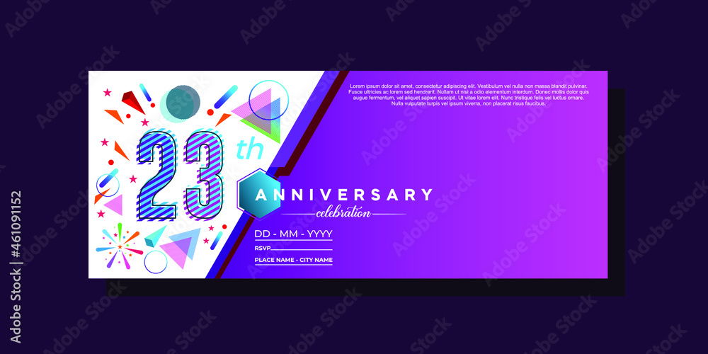 23th anniversary, anniversary celebration vector design on colorful geometric background and circle shape.