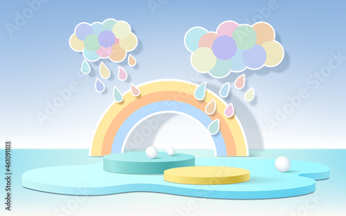 3d product podium, pastel color background, clouds, weather with empty space for kids or baby product.