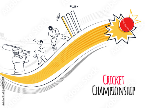 Cricket Championship Concept With Doodle Style Batsman, Bowler, Wicker Keeper Player And Yellow Striped Wave On White Background.