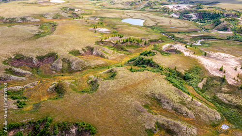 Landscape of the forest-tundra and the sandy river bank, photo from quadrocopter, bird's eye view, beautiful ravines of unusual shape.Arctic Circle, tunda