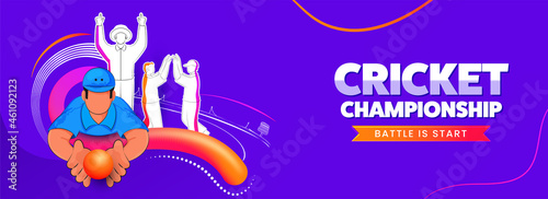 Illustration Of Cricket Player Team In Different Poses With Blend Wave On Violet Background For Championship Battle Is Start.