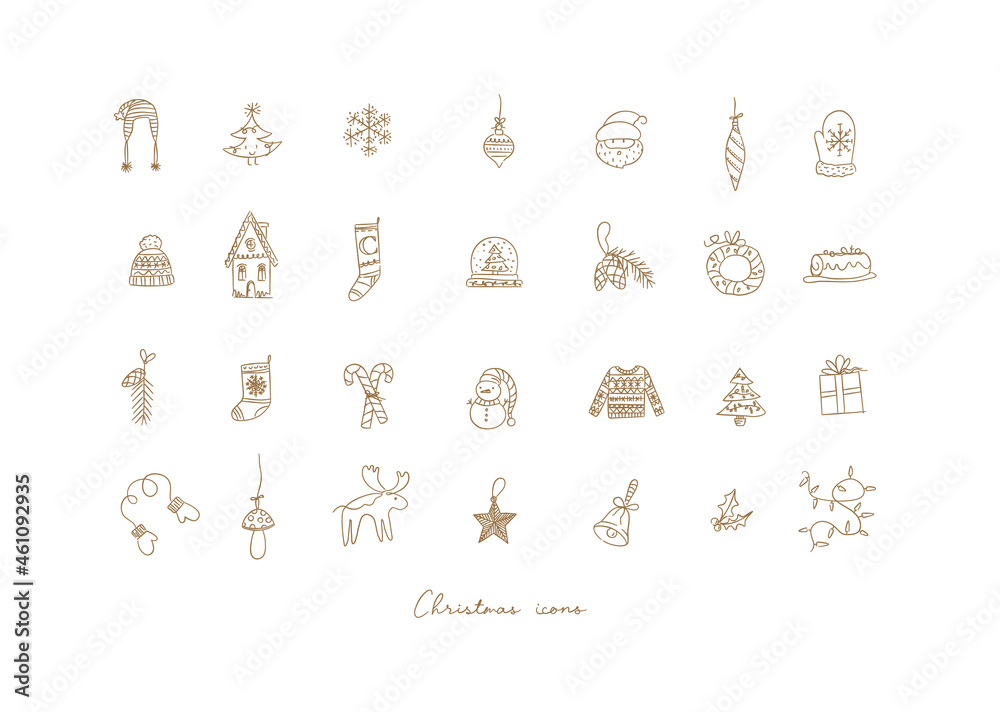 Christmas icons drawing in hand sketch style on light background