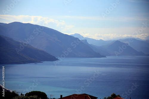 Top view of the silhouette of the coastal mountain range of the Gulf of Policastro, Ispani, Cilento, Campania, Italy photo