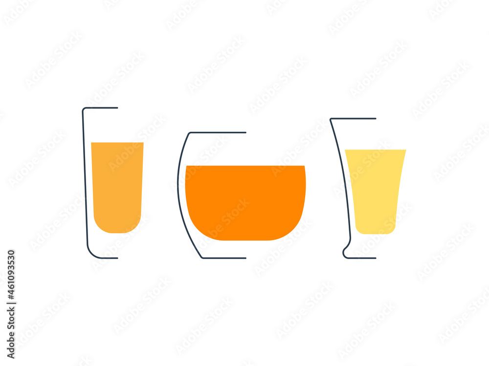Rum whiskey and tequila glass in minimalist linear style. Contour of glassware on left side in form of fine black line. Drink is depicted in form of shape with colored fill. Isolated image on white. Rum whiskey and tequila glass in minimalist linear style. Contour of glassware on left side in form of fine black line. Drink is depicted in form of shape with colored fill. Isolated image on white.