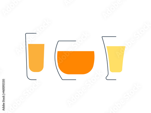 Rum whiskey and tequila glass in minimalist linear style. Contour of glassware on left side in form of fine black line. Drink is depicted in form of shape with colored fill. Isolated image on white.