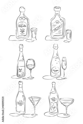 Bottle and glass tequila, rum, wine, champagne, martini, vermouth together in hand drawn style. Restaurant beverage outline icon. Line art sketch. Black contour object on white background