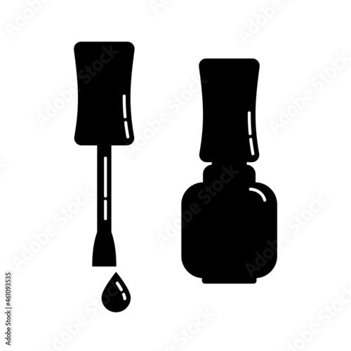 Closed cosmetic container nail polish with brush. Female makeup product. Plastic or glass bottle. Fashion and style. Black silhouette. Isolated object. Illustration isolated white background