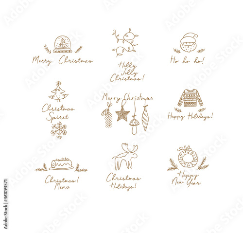 Christmas labels with lettering drawing in hand sketch style on light background