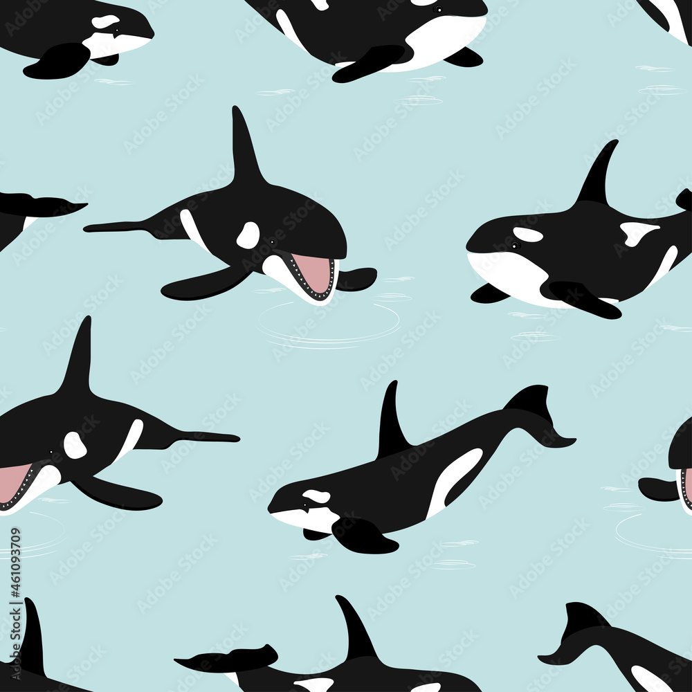 Fototapeta premium Pattern of whales. Orcinus orca. Aquatic animals of the Arctic and Antarctic regions. Flat vector illustration.