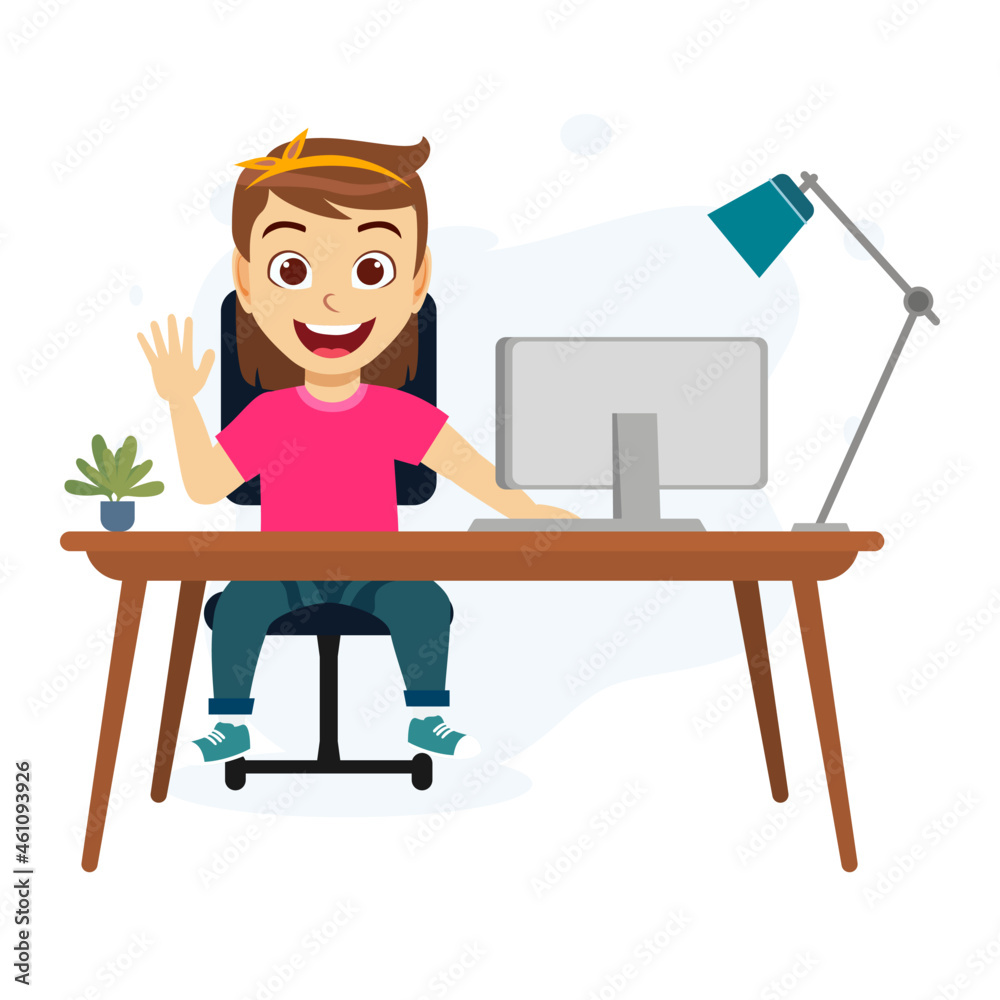 Fototapeta premium Happy cute kid boy character siting on desk studying with computer lamp isolated