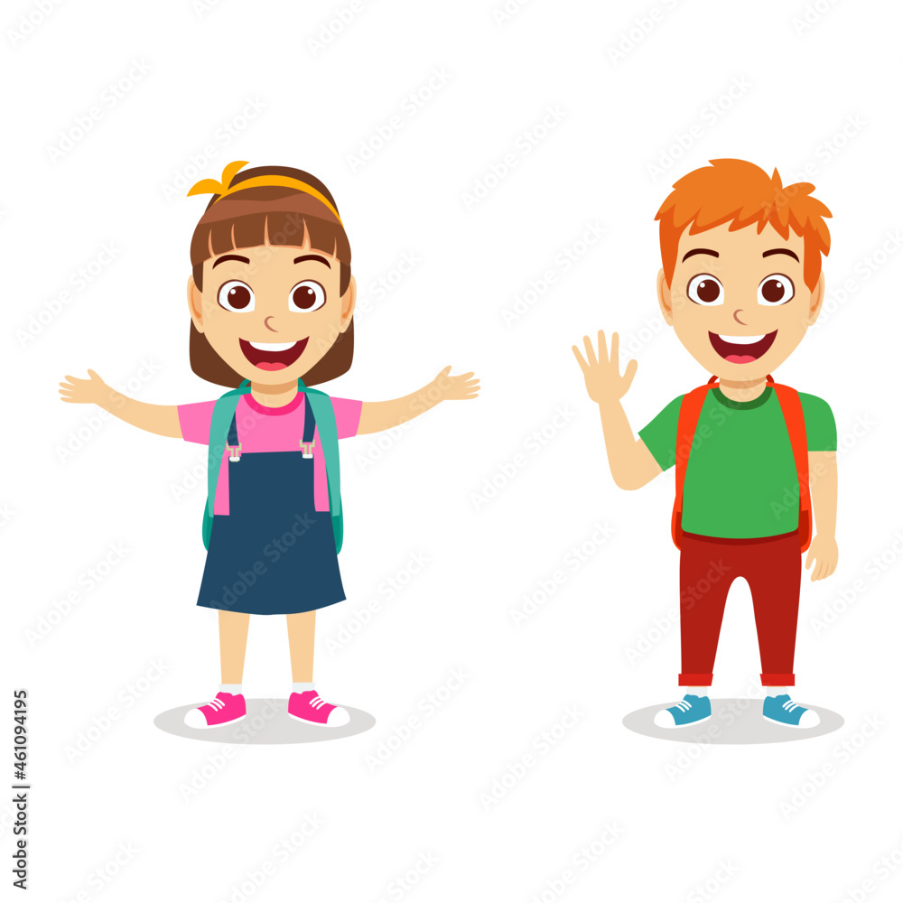 Happy cute kid boy and girl characters wearing beautiful outfit standing and waving posing ready to go school Happy cute kid boy and girl characters wearing beautiful outfit standing and waving posing ready to go school