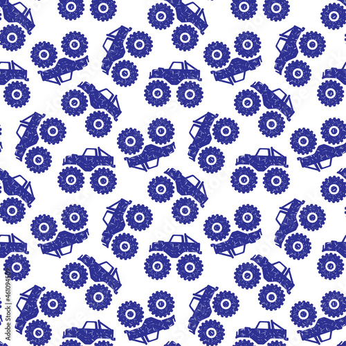 Blue monster trucks isolated on white background. Cute monochrome car seamless pattern. Vector simple flat graphic illustration. Texture.