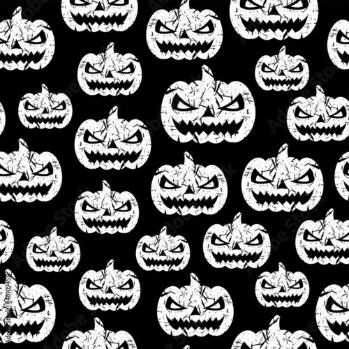 White sinister halloween pumpkins isolated on dark black background. Cute monochrome festive seamless pattern. Vector simple flat graphic illustration. Texture.