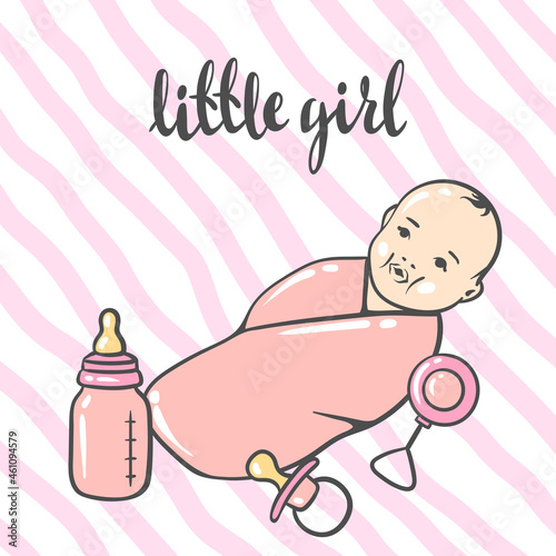 Happy Birthday greeting and invitation card. Holiday baby girl shower celebration simbols.