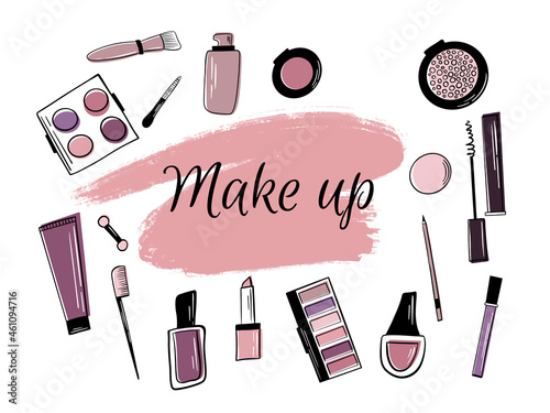 The set of hand drawn beauty and wellness items.