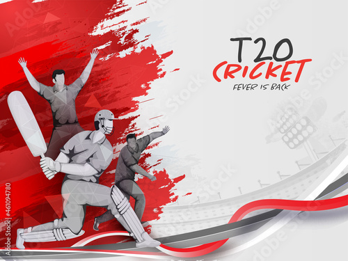 T20 Cricket Fever Is Back Concept With Cartoon Batsman, Bowler Players And Red Brush Stroke On Gray Waves Background.