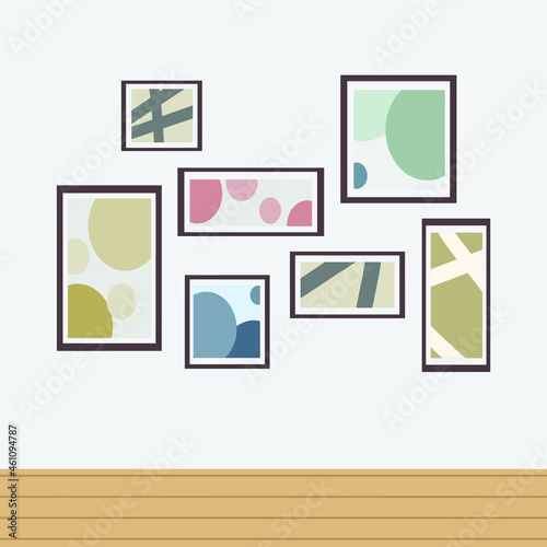 Framed paintings hung on walls. Cafe interior wall decor by artwork. Flat vector illustration of adorable painting frames