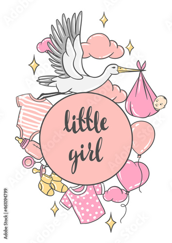 Happy Birthday greeting and invitation card. Holiday baby girl shower celebration simbols.