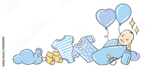 Happy Birthday greeting and invitation card. Holiday baby boy shower celebration simbols.