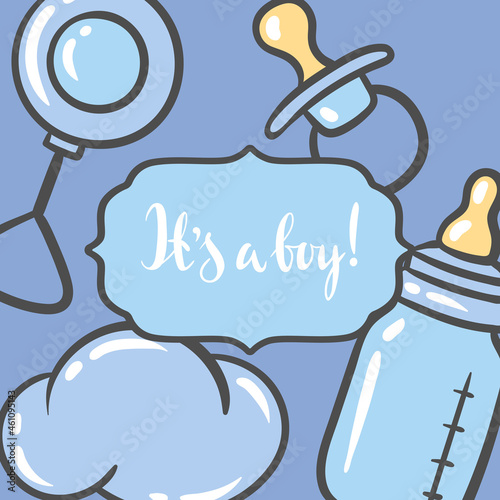Happy Birthday greeting and invitation card. Holiday baby boy shower celebration simbols.