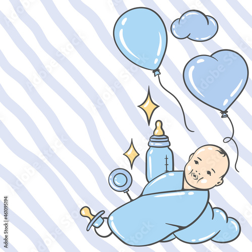 Happy Birthday greeting and invitation card. Holiday baby boy shower celebration simbols.